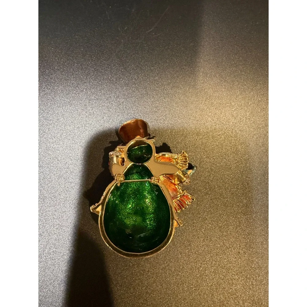Vintage Style Christmas Snowman Brooch Rhinestone Enamel Holiday Pin Gold Tone